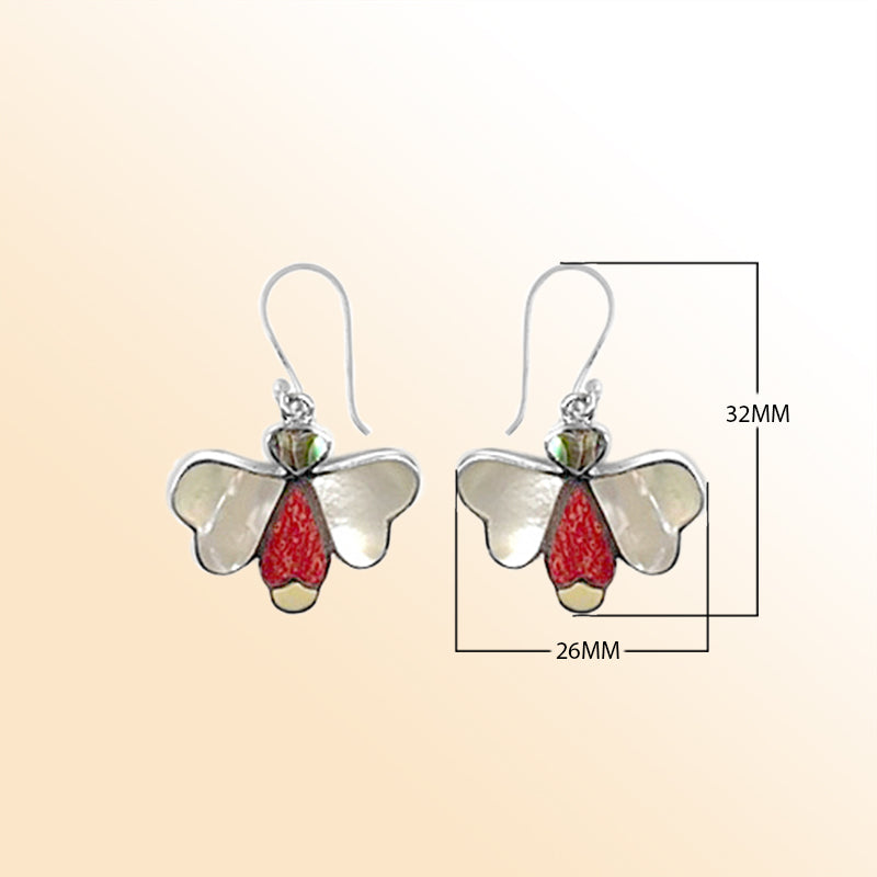 Sterling silver Mother Of Pearl, Red Coral, and Abalone Shell earrings with antique oxidized finish and earwire lock.