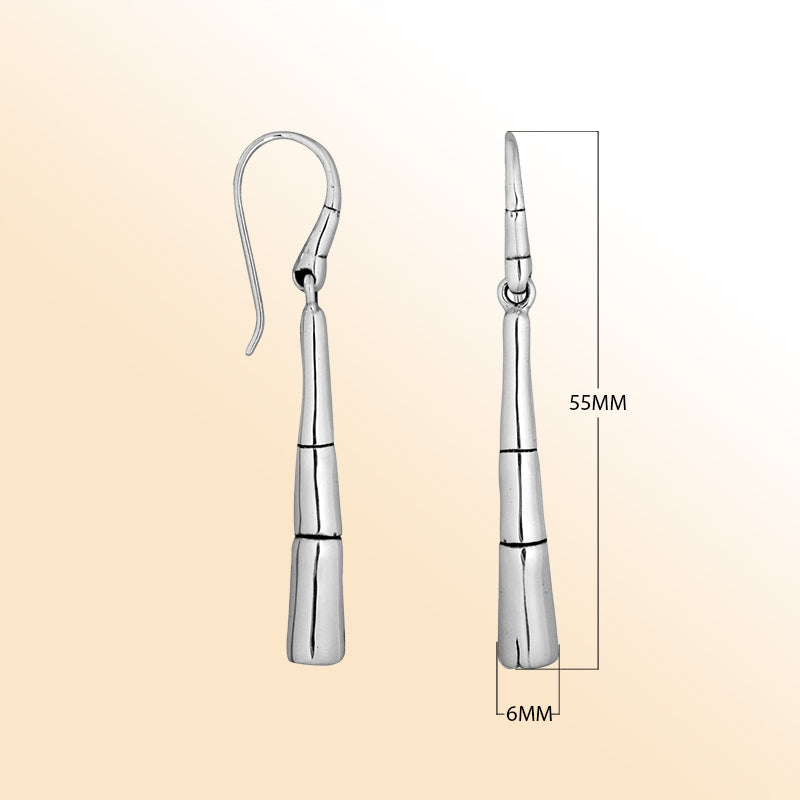 Sterling silver long bamboo-inspired earrings with mirror-polished finish and earwire lock.