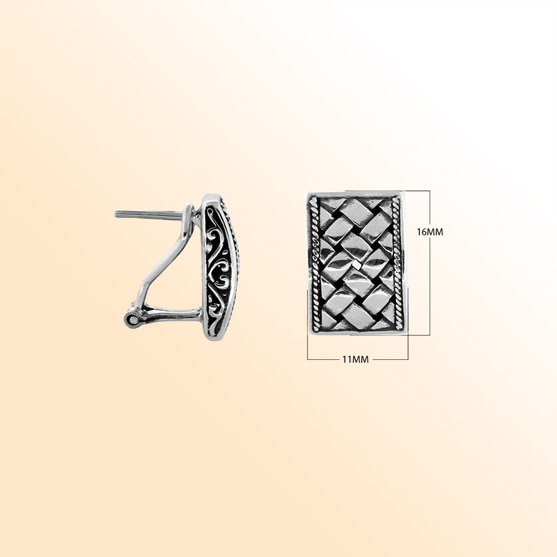 Sterling silver rectangular omega earrings with antique oxidized finish and woven texture.