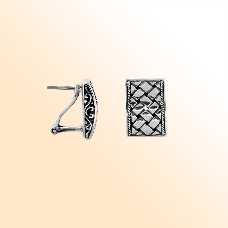 Sterling silver rectangular omega earrings with antique oxidized finish and woven texture.