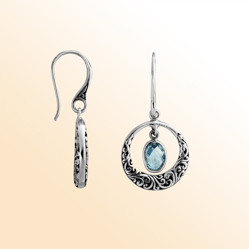 Sterling silver Blue Topaz Quartz round filigree drop earrings with oxidized finish and earwire lock.