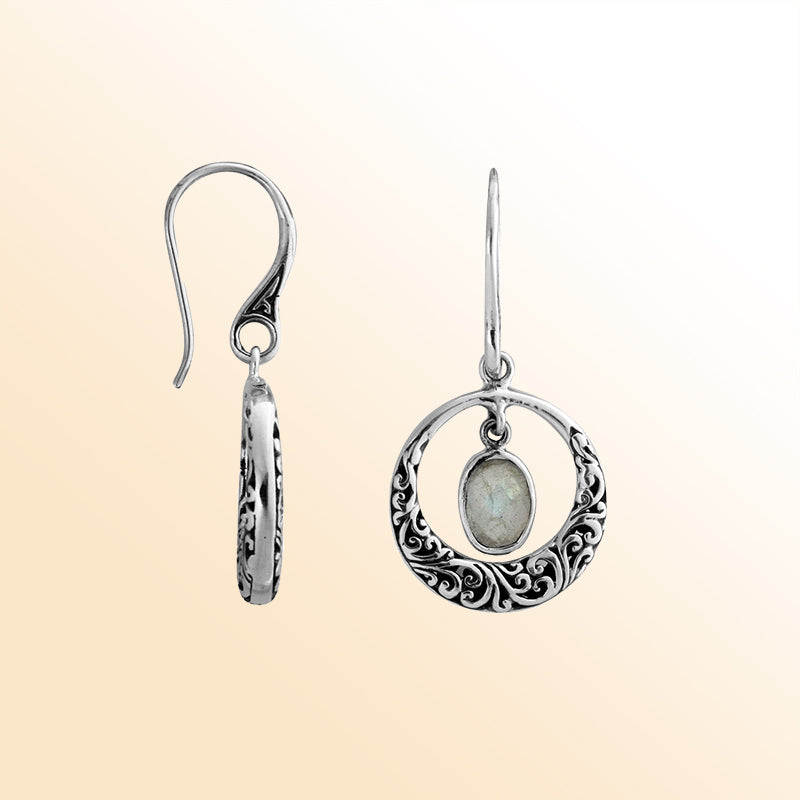 Sterling silver Labradorite Stone filigree drop earrings with antique oxidized finish and earwire lock.