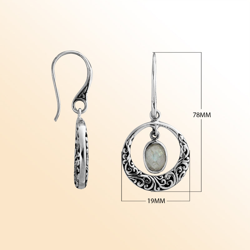 Sterling silver Labradorite Stone filigree drop earrings with antique oxidized finish and earwire lock.