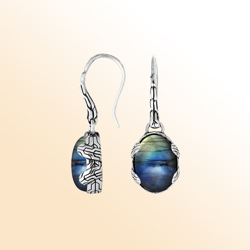Sterling silver Labradorite oval drop earrings with antique oxidized finish and earwire lock.