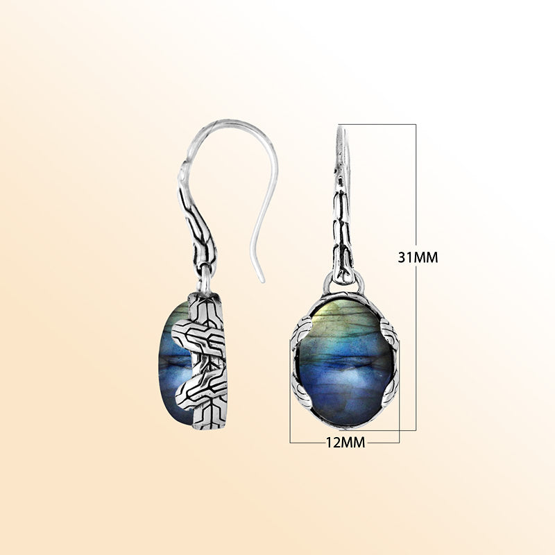Sterling silver Labradorite oval drop earrings with antique oxidized finish and earwire lock.