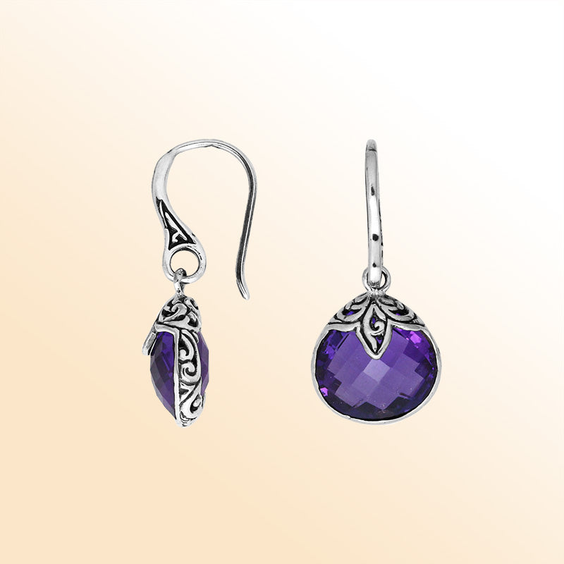 Handcrafted sterling silver Amethyst Quartz round drop earrings with antique oxidized finish and elegant earwire design.