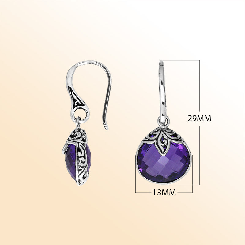 Handcrafted sterling silver Amethyst Quartz round drop earrings with antique oxidized finish and elegant earwire design.
