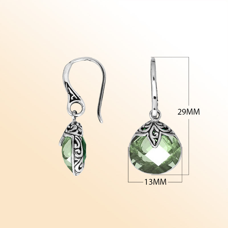 Handcrafted sterling silver Green Amethyst Quartz round drop earrings with antique oxidized detailing and elegant earwire design.