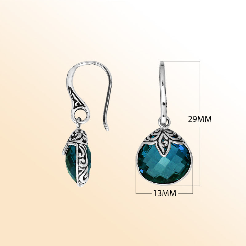Handcrafted sterling silver London Blue Topaz Quartz round drop earrings with antique oxidized finish and ocean-inspired design.