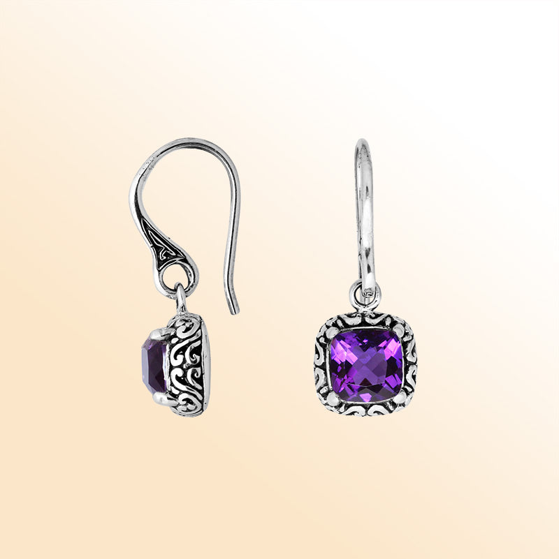 Handcrafted sterling silver Amethyst Quartz cushion drop earrings with antique oxidized finish and intricate detailing.