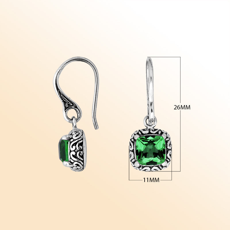 Handcrafted sterling silver Green Quartz cushion drop earrings with antique oxidized finish and detailed silver design.