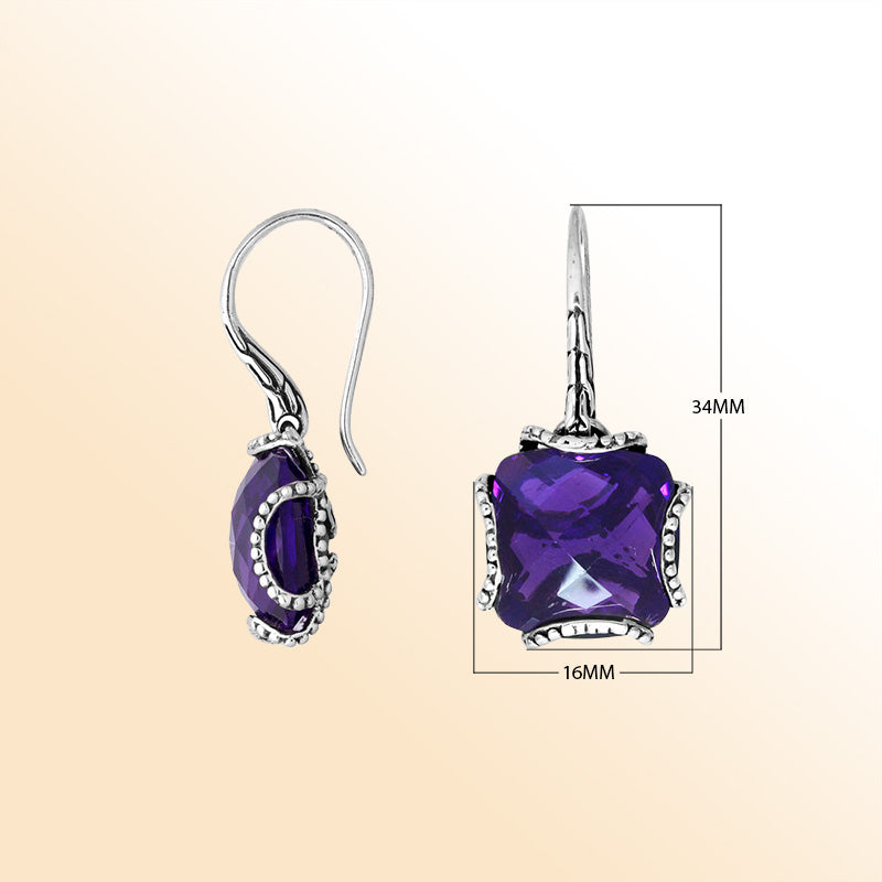 Handcrafted sterling silver Amethyst Quartz cushion drop earrings with antique oxidized finish and intricate detailing.