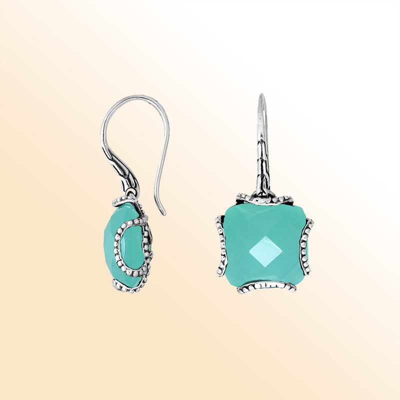 Handcrafted sterling silver Green Chalcedony Quartz cushion drop earrings with antique oxidized finish and sea-inspired color.