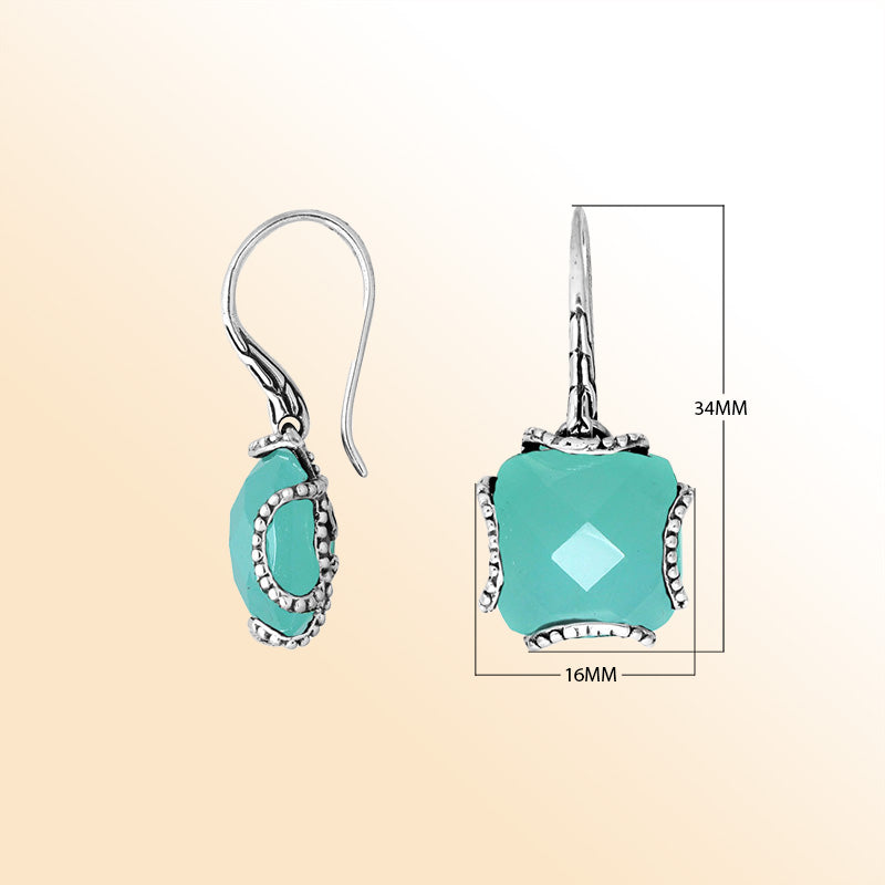 Handcrafted sterling silver Green Chalcedony Quartz cushion drop earrings with antique oxidized finish and sea-inspired color.