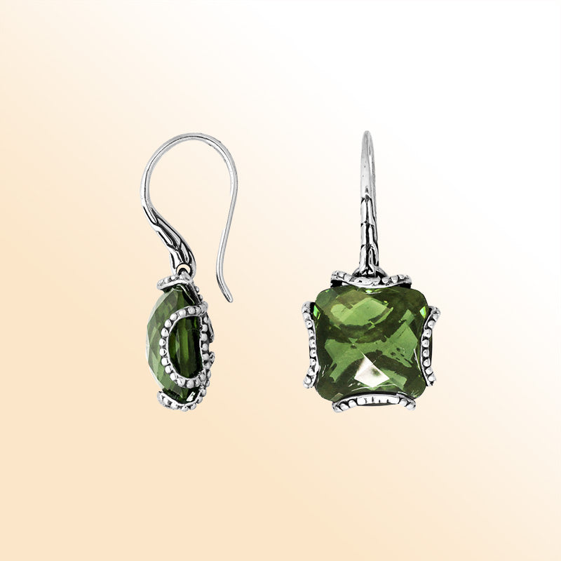 Handcrafted sterling silver Green Amethyst Quartz cushion drop earrings with antique oxidized finish and forest-inspired glow.