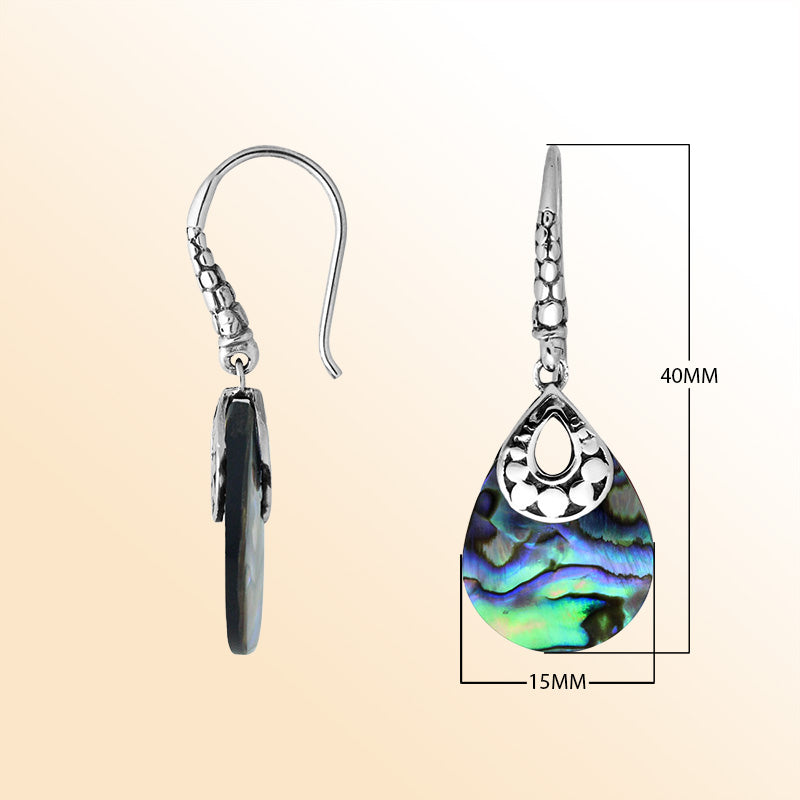 Handcrafted sterling silver Abalone Shell pear drop earrings with antique oxidized finish and ocean-inspired design.