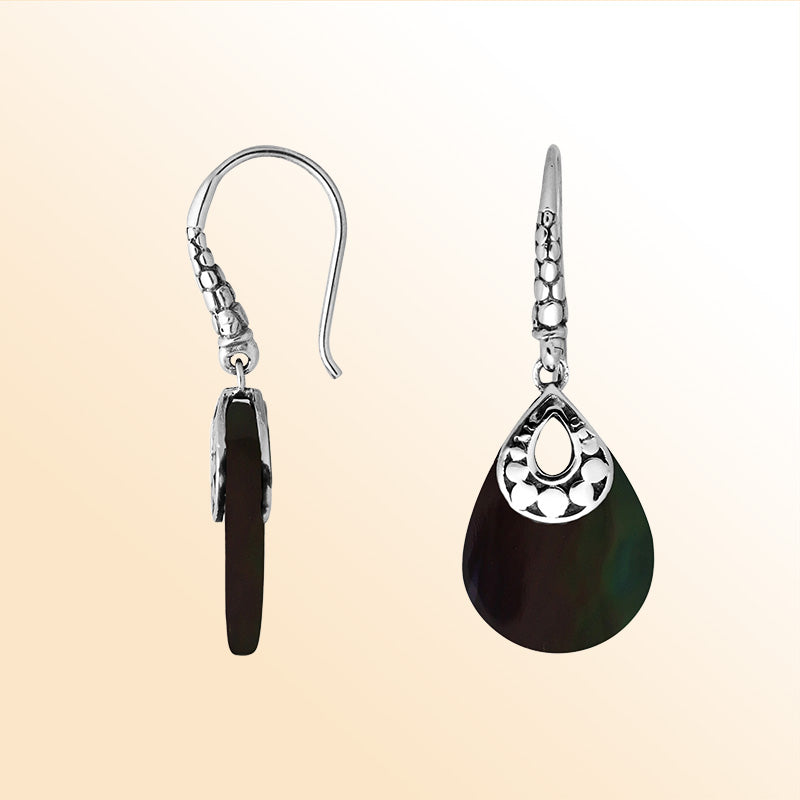 Handcrafted sterling silver Black Shell pear-drop earrings with antique oxidized finish and elegant design.