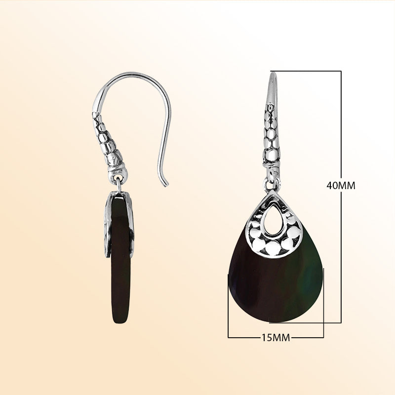 Handcrafted sterling silver Black Shell pear-drop earrings with antique oxidized finish and elegant design.
