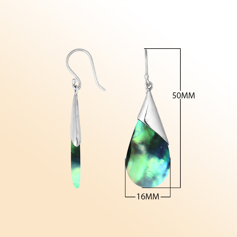 Artisan sterling silver earrings with glowing Abalone Shell teardrops wrapped in a sleek tapered silver cap.