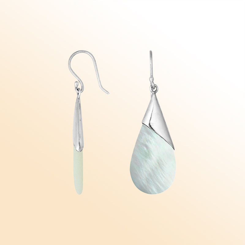 Artisan sterling silver earrings featuring glowing Mother Of Pearl teardrops with a sleek tapered silver cap.