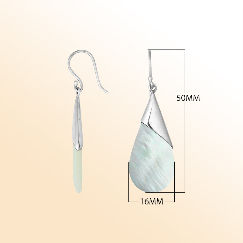 Artisan sterling silver earrings featuring glowing Mother Of Pearl teardrops with a sleek tapered silver cap.