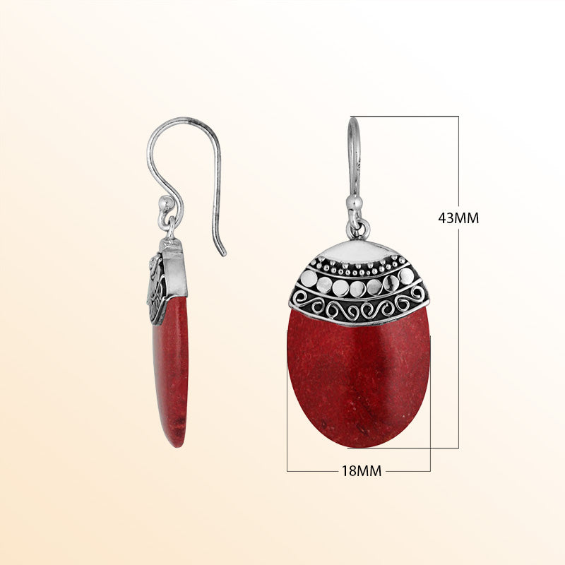 Elegant Red Coral Silver Oval Earrings With Earwire Lock