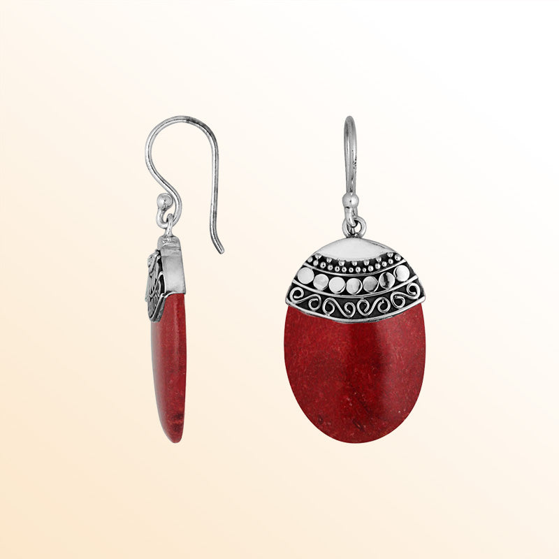 Elegant Red Coral Silver Oval Earrings With Earwire Lock