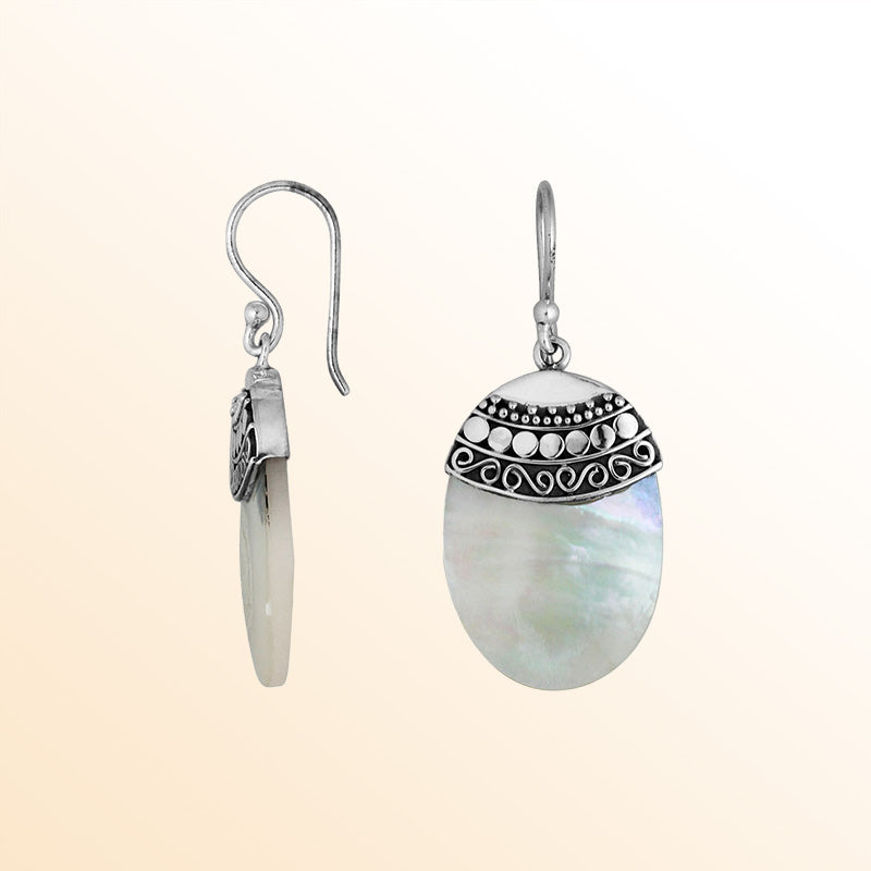 Elegant Mother Of Pearl Silver Oval Earrings With Earwire Lock