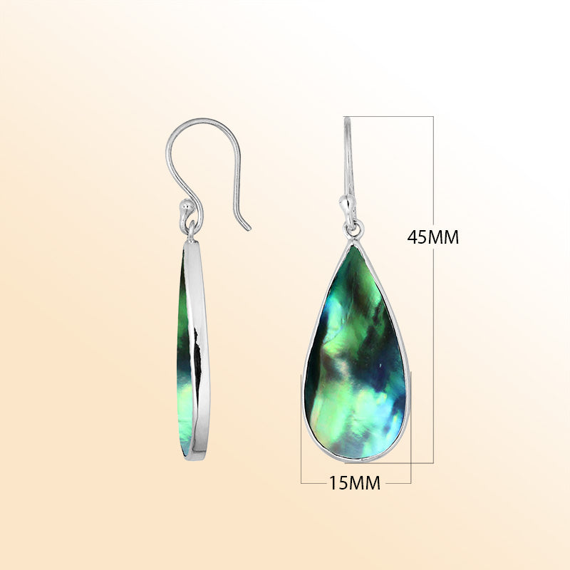 Artisan sterling silver earrings with glowing Abalone Shell teardrops set in sleek polished bezels.