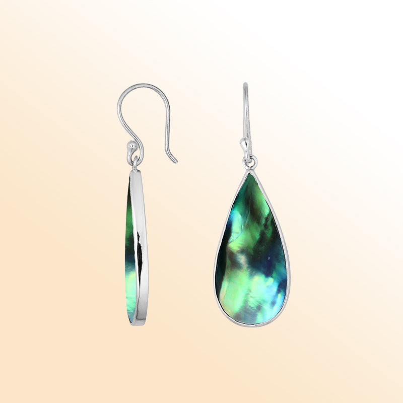 Artisan sterling silver earrings with glowing Abalone Shell teardrops set in sleek polished bezels.