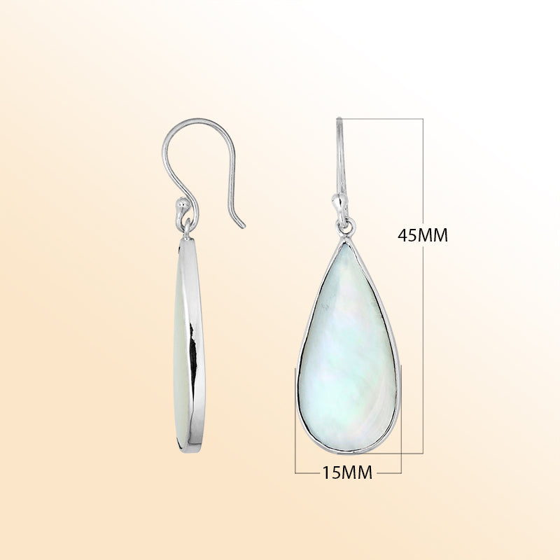 Elegant sterling silver pear-shaped Mother of Pearl earrings with smooth bezel setting and earwire lock, polished to a high shine for refined everyday style.