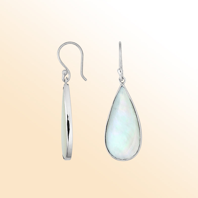 Elegant sterling silver pear-shaped Mother of Pearl earrings with smooth bezel setting and earwire lock, polished to a high shine for refined everyday style.