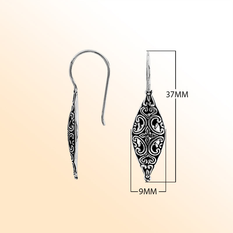 Artisan sterling silver marquise earrings with oxidized filigree detailing and polished finish.