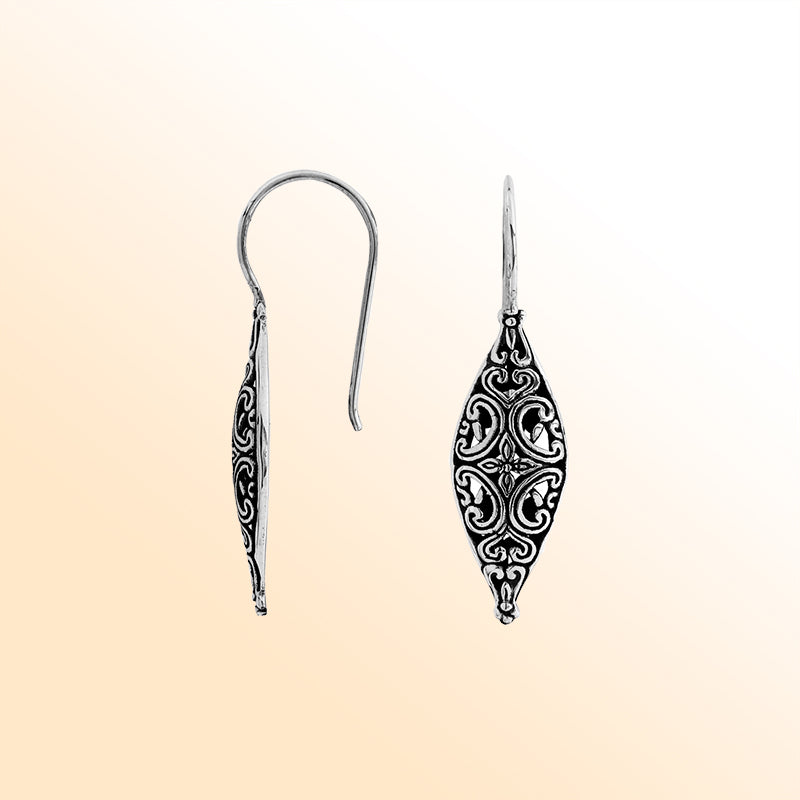 Artisan sterling silver marquise earrings with oxidized filigree detailing and polished finish.