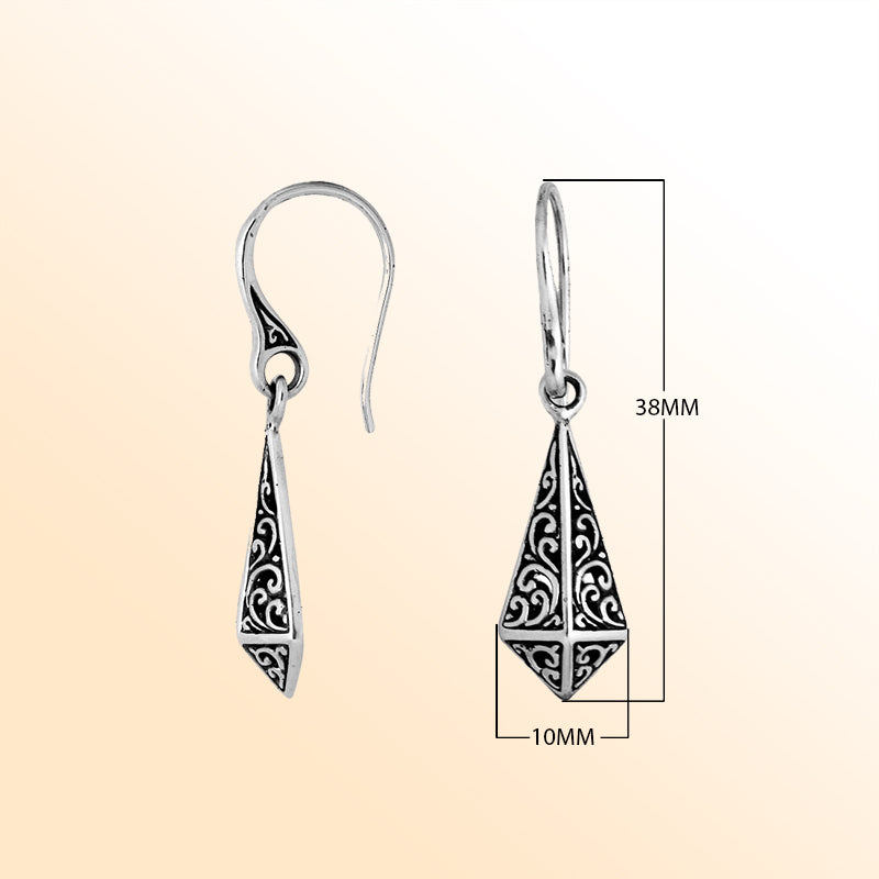 Artisan sterling silver tapered geometric earrings with oxidized filigree detailing.