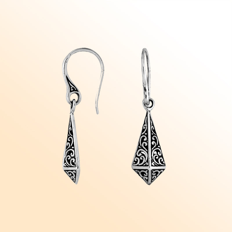 Artisan sterling silver tapered geometric earrings with oxidized filigree detailing.