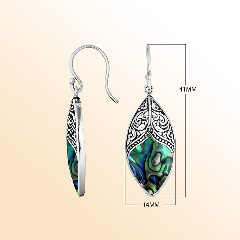 Artisan sterling silver marquise earrings with shimmering Abalone Shell and ornate silver detailing.