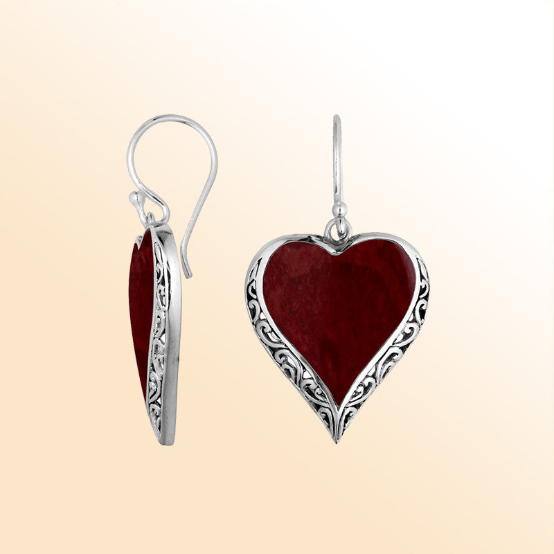 Sterling Silver Red Coral Heart Earrings With Handcrafted Filigree Accents