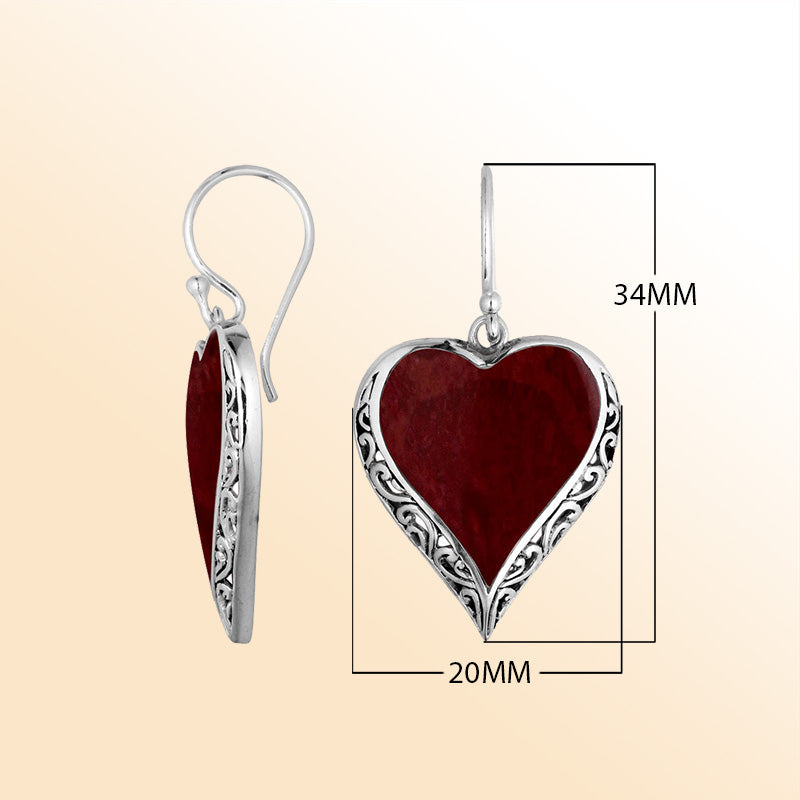 Sterling Silver Red Coral Heart Earrings With Handcrafted Filigree Accents