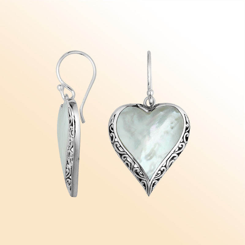 Sterling Silver Mother Of Pearl Heart Earrings With Handcrafted Filigree Detailing