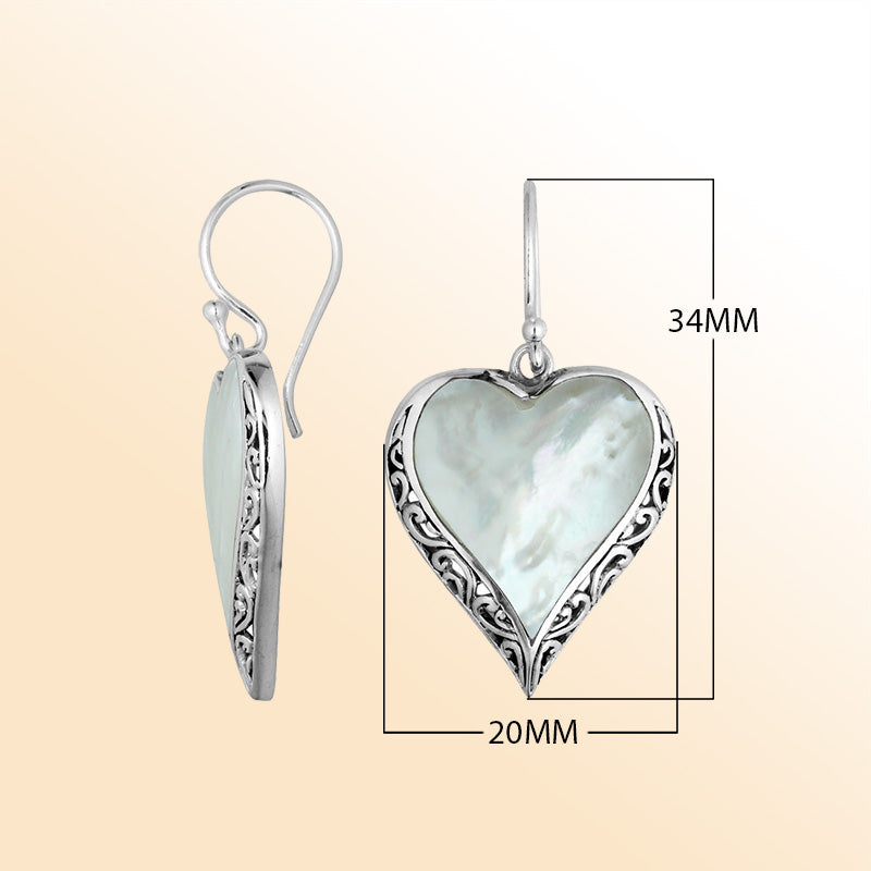 Sterling Silver Mother Of Pearl Heart Earrings With Handcrafted Filigree Detailing