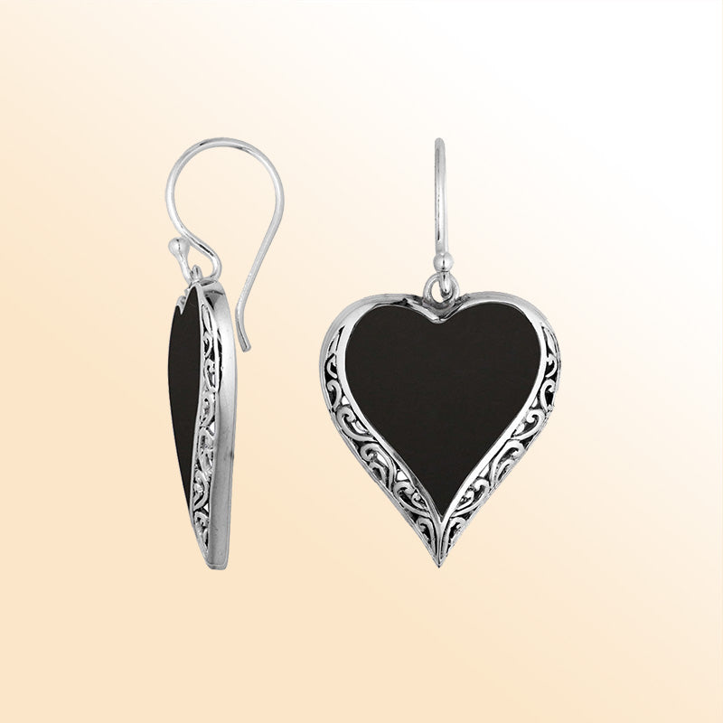 Sterling Silver Black Shell Heart Earrings With Ornate Handcrafted Filigree