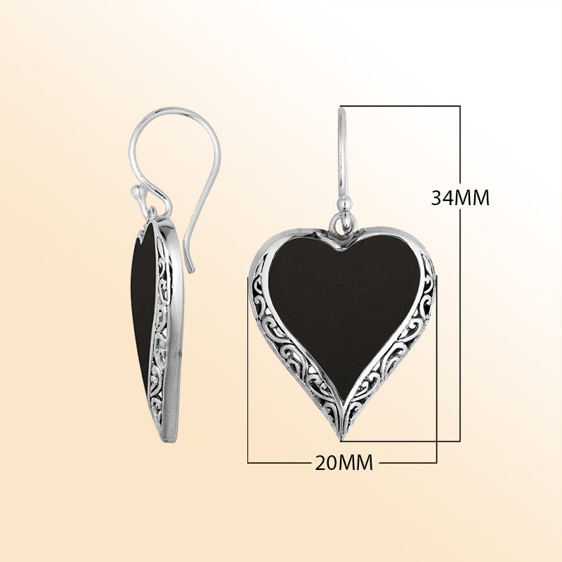 Sterling Silver Black Shell Heart Earrings With Ornate Handcrafted Filigree