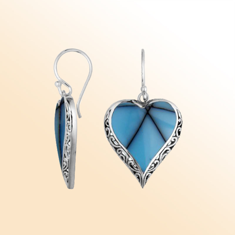 Sterling Silver Turquoise Shell Heart Earrings With Handcrafted Filigree Accents