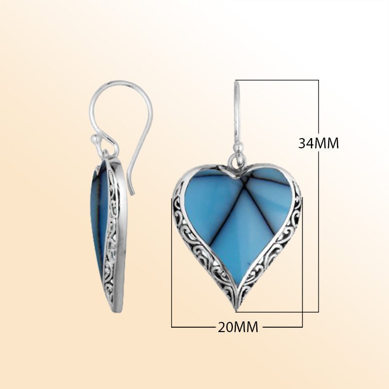 Sterling Silver Turquoise Shell Heart Earrings With Handcrafted Filigree Accents