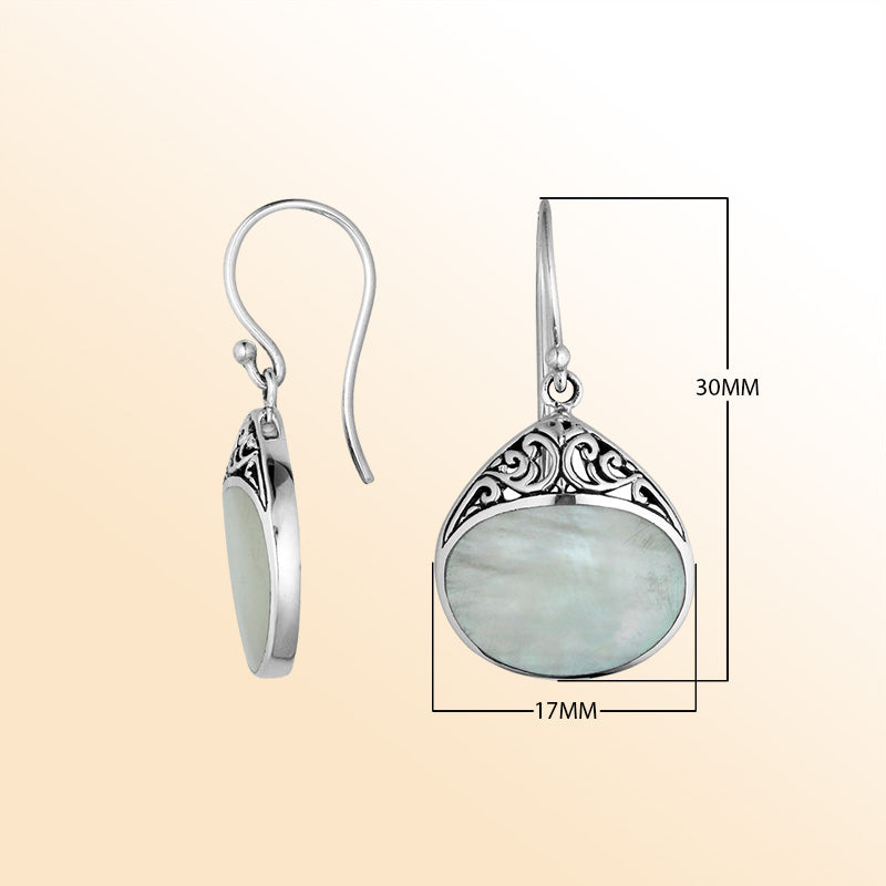 Sterling Silver Mother Of Pearl Drop Earrings With Handcrafted Filigree Accents