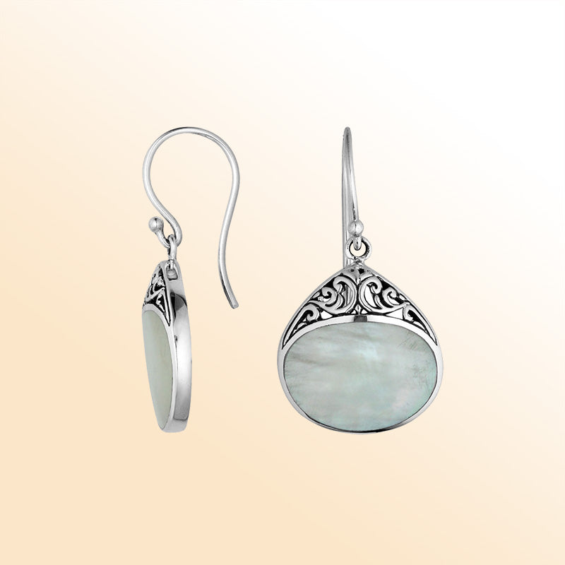 Sterling Silver Mother Of Pearl Drop Earrings With Handcrafted Filigree Accents