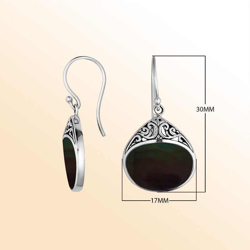 Silver Black Shell Drop Earrings With Artistic Filigree