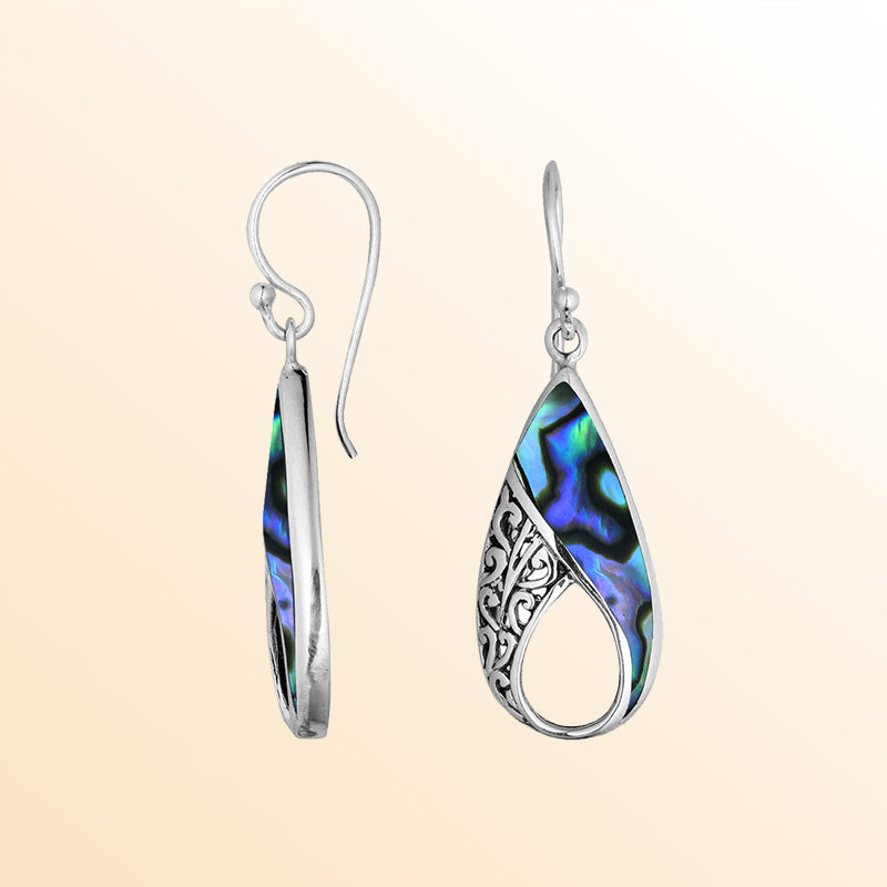 Sterling Silver Abalone Shell Pear Shape Earrings With Handcrafted Filigree Accents