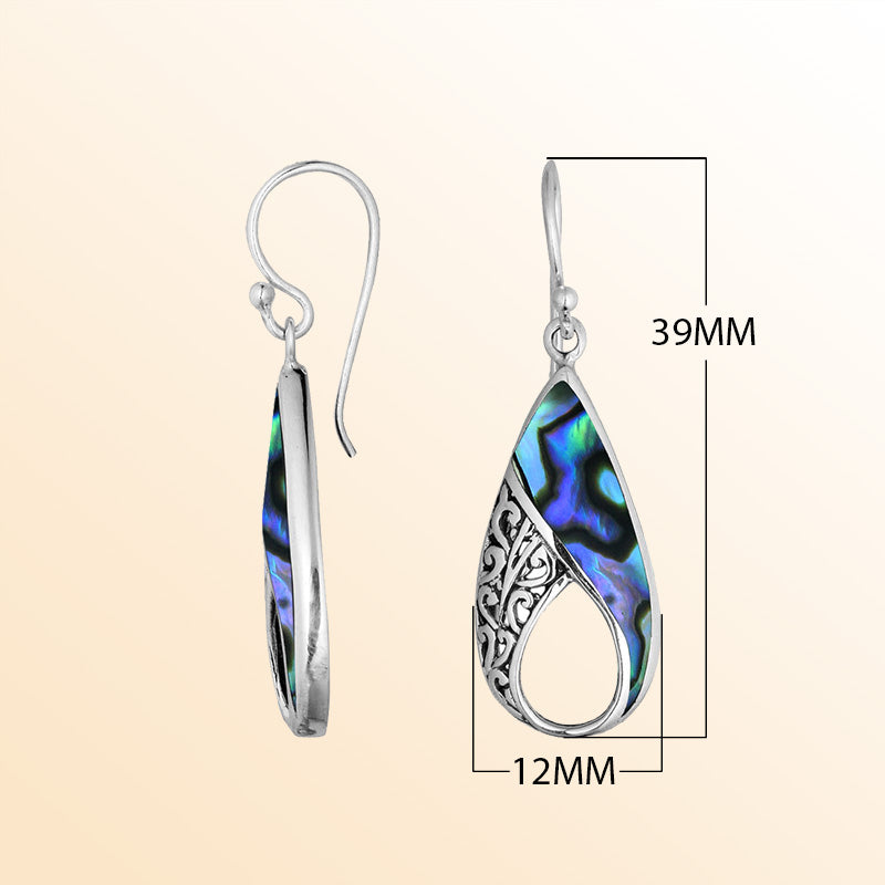 Sterling Silver Abalone Shell Pear Shape Earrings With Handcrafted Filigree Accents